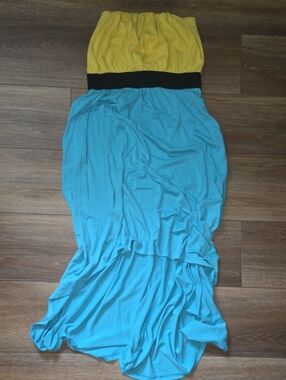 Derek Heart Yellow, Turquoise and Black Strapless Maxi Dress